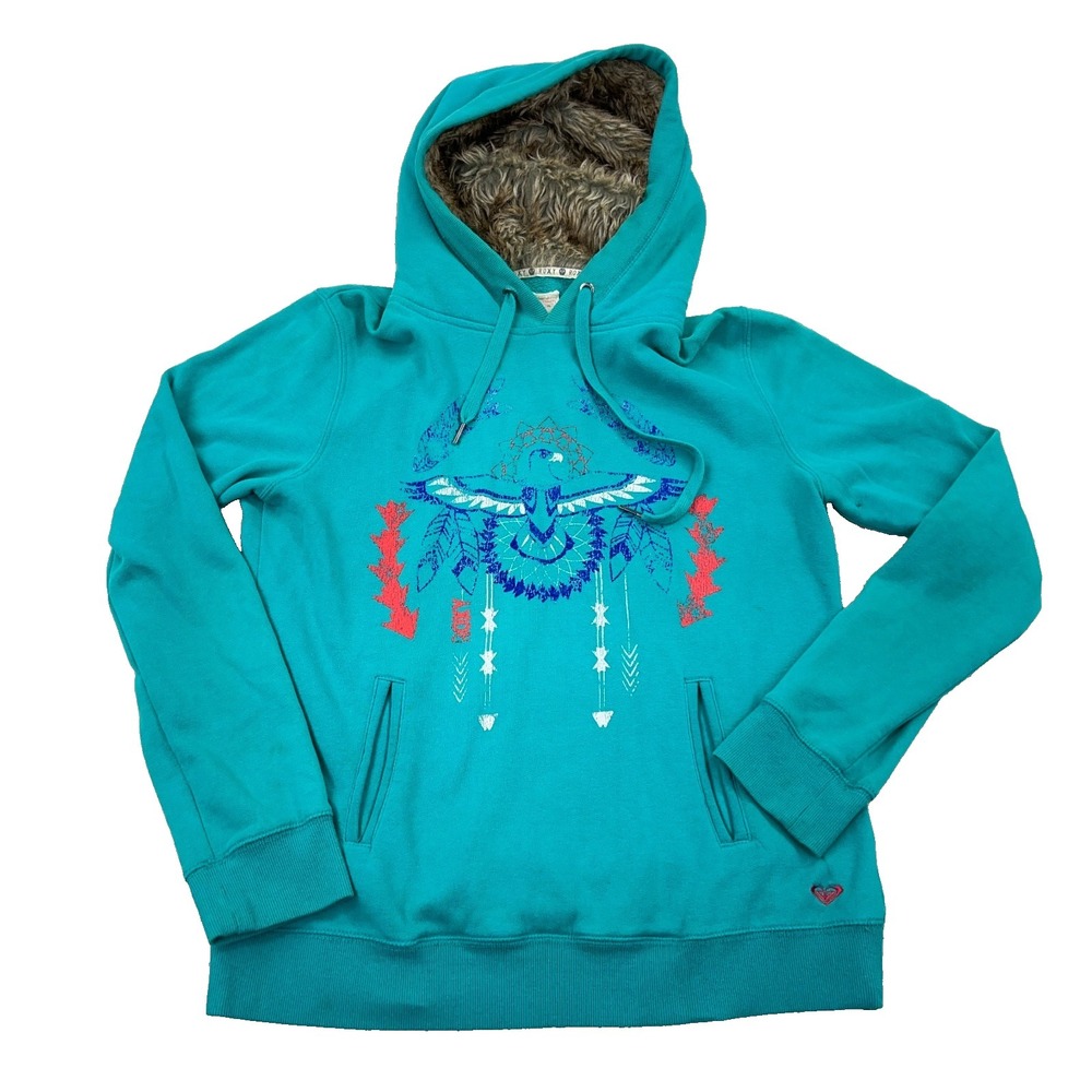 Vintage Y2K Roxy Hoodie‎ Women Large Teal Green Faux Fur Hood Southwestern Aztec